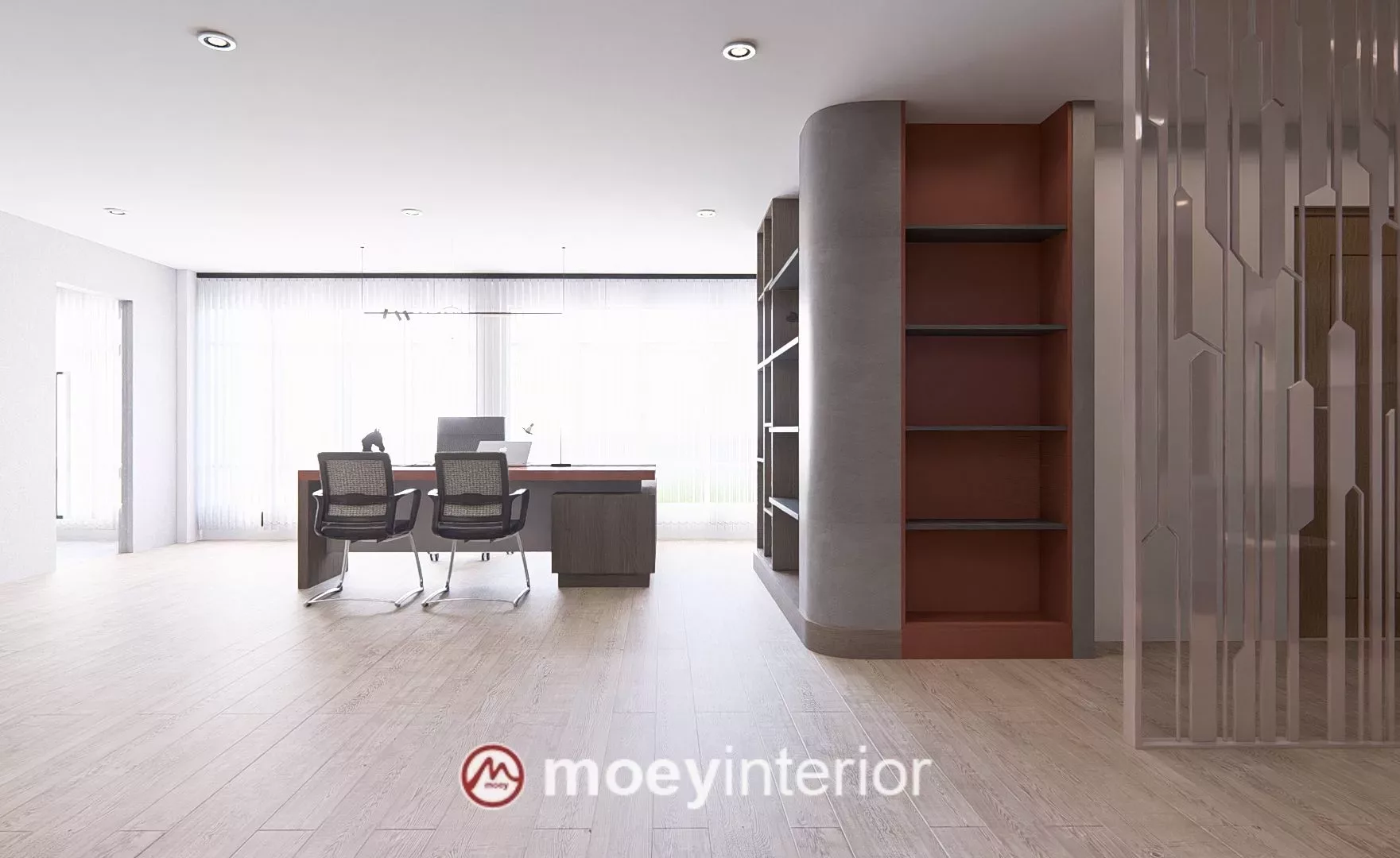 Panorama Lantai 5 – View keseluruhan open office dengan pencahayaan terpadu