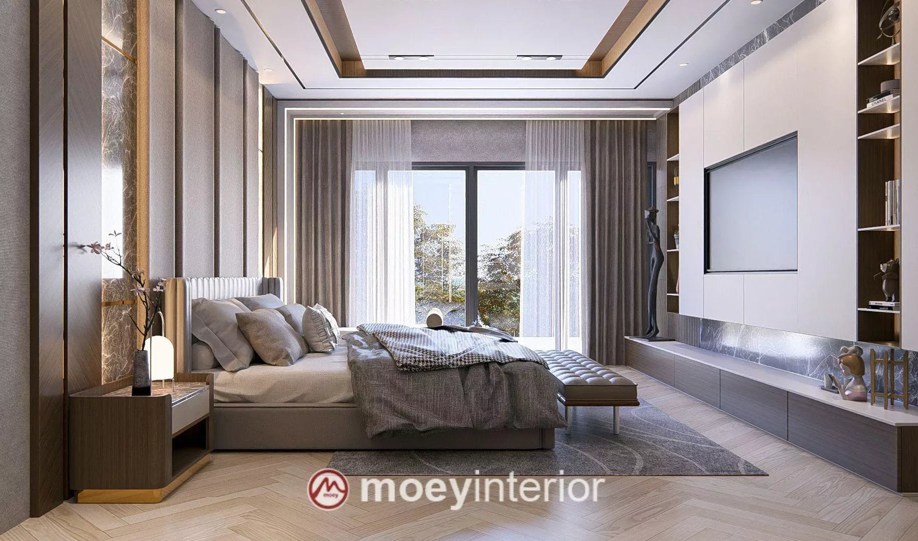 Master bedroom Bu Maya Enchante dengan headwall upholstered dan aksen brass