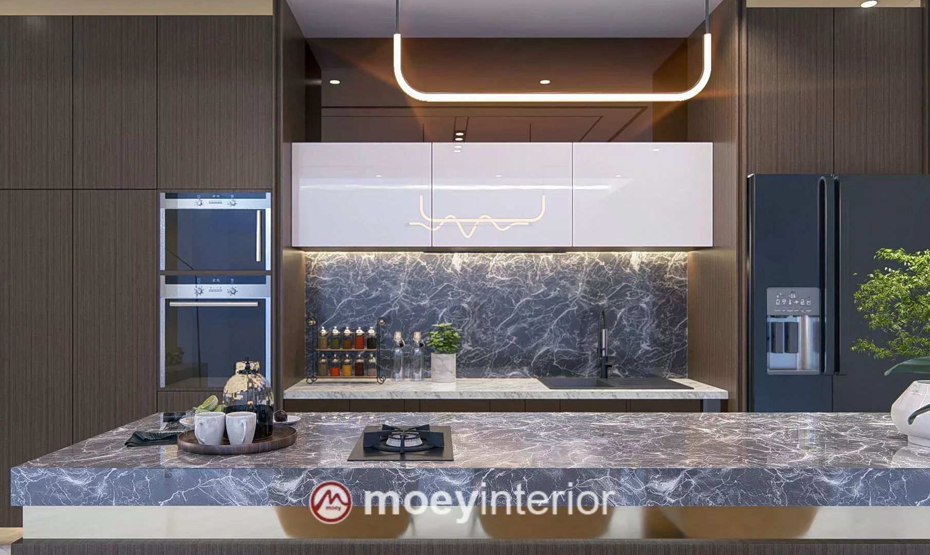 Dapur premium Bu Maya Enchante dengan kitchen island marmer gelap